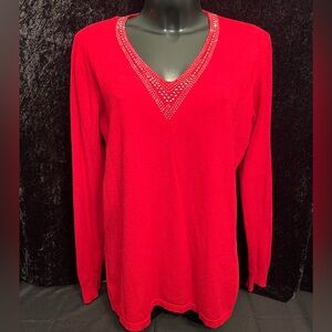 Vila Milano Women’s Red V-Neck, Longsleeve Sweater with Rhinestone Trim. XL H214
